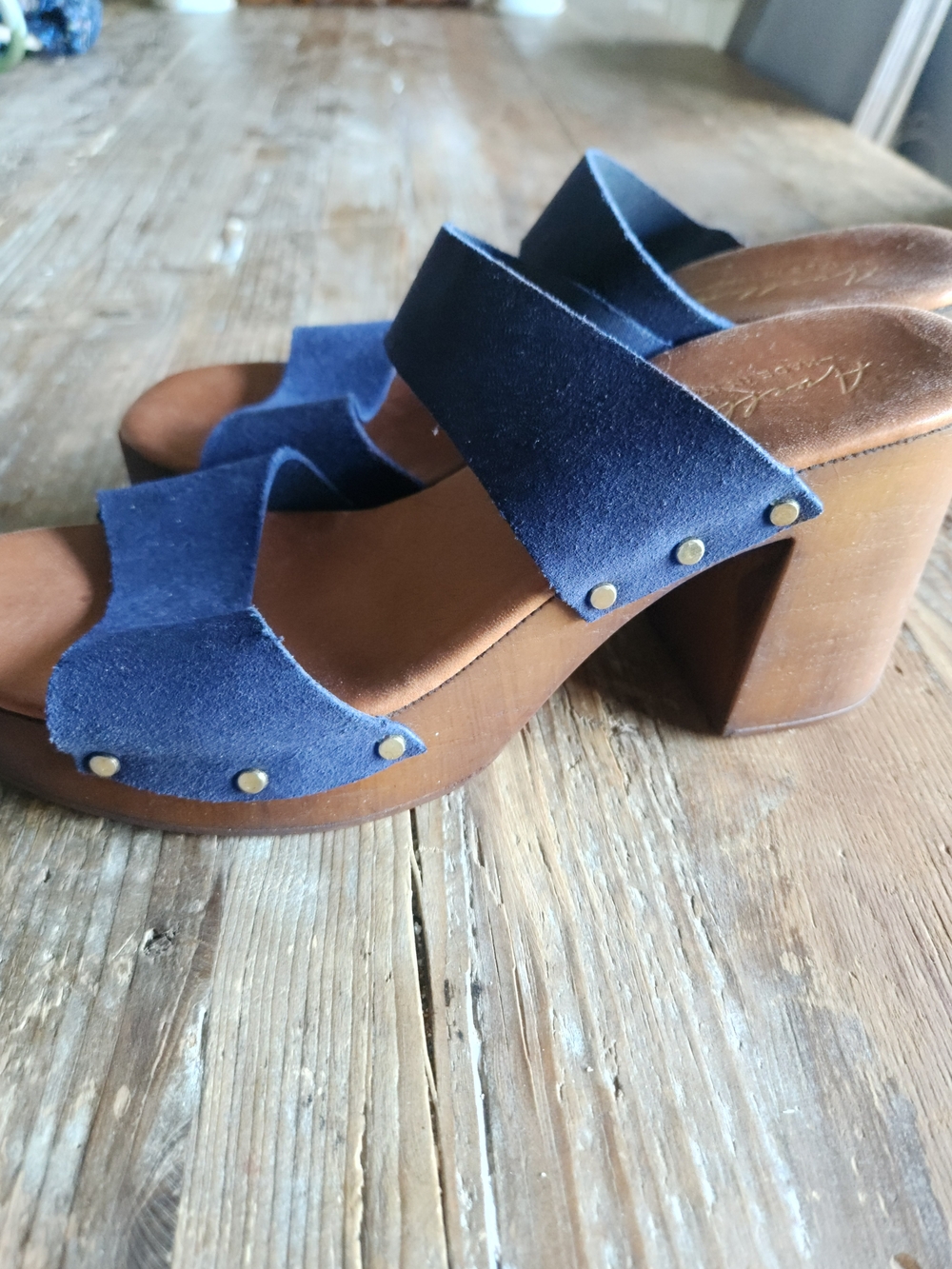 Navy Suede Block Heel Slide Sandals - Women